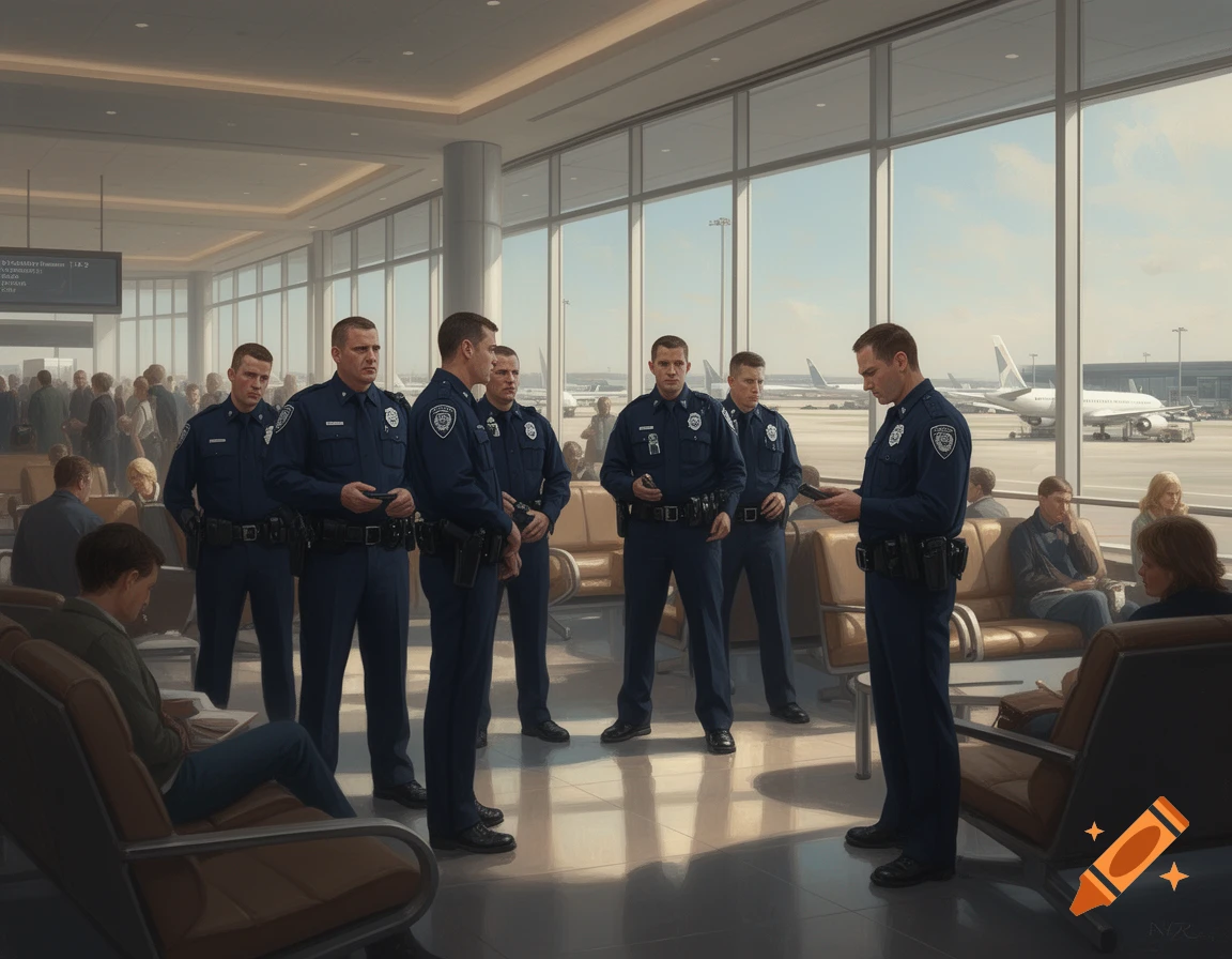 Police officers stand and talk in a busy airport lounge with planes visible outside large windows, photorealistic style.