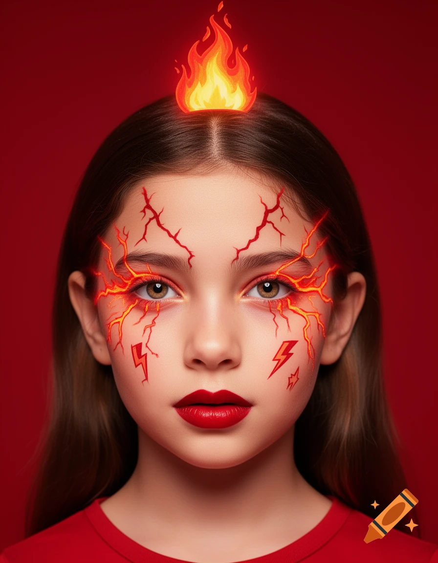 A close-up portrait of a girl with vibrant red artistic makeup, glowing cracks, lightning bolts on her cheeks, and a cartoonish flame on her head.