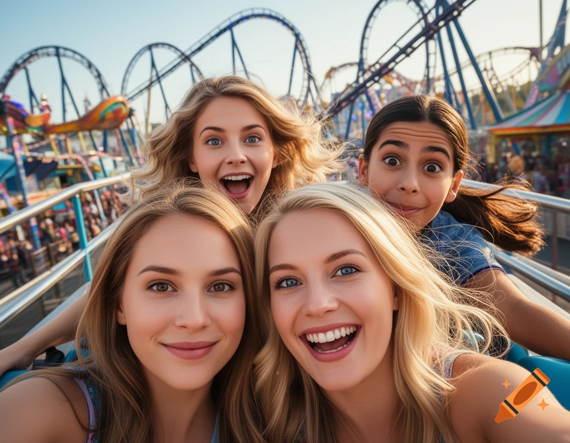 Four smiling young women take a selfie on a roller coaster in an amusement park, with tracks in the background.