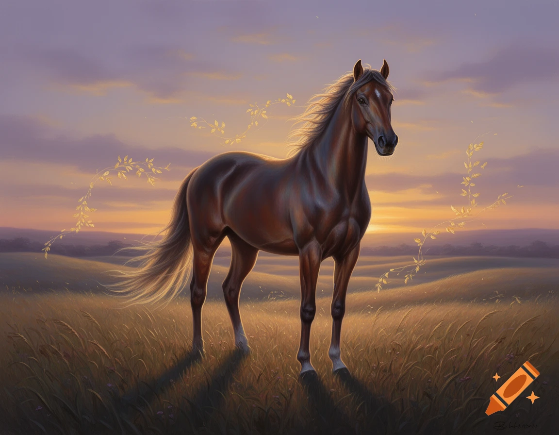 A majestic brown horse stands in a golden field at sunset, with glowing leaves swirling around it, in a painterly style.