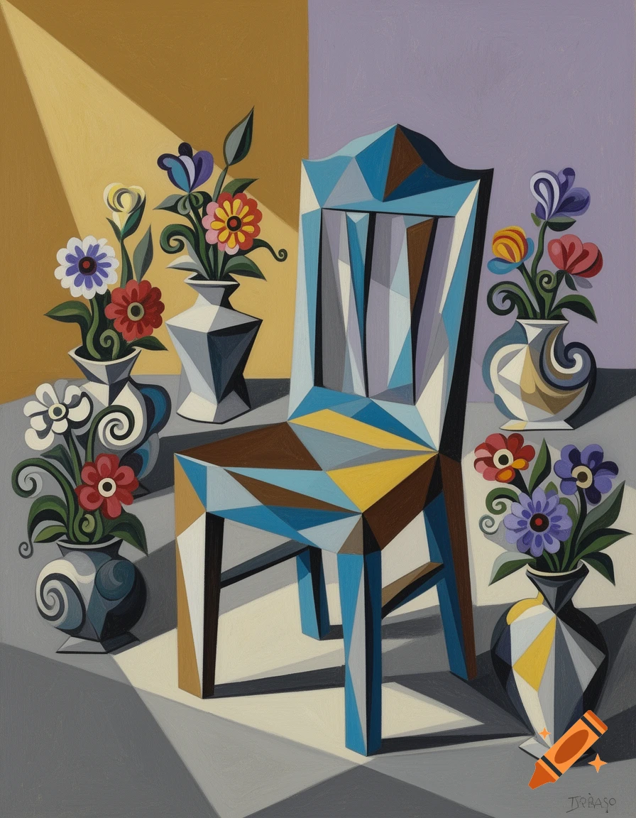 A still life painting in Cubist style featuring a geometric blue, brown, and yellow chair surrounded by vases of colorful flowers.