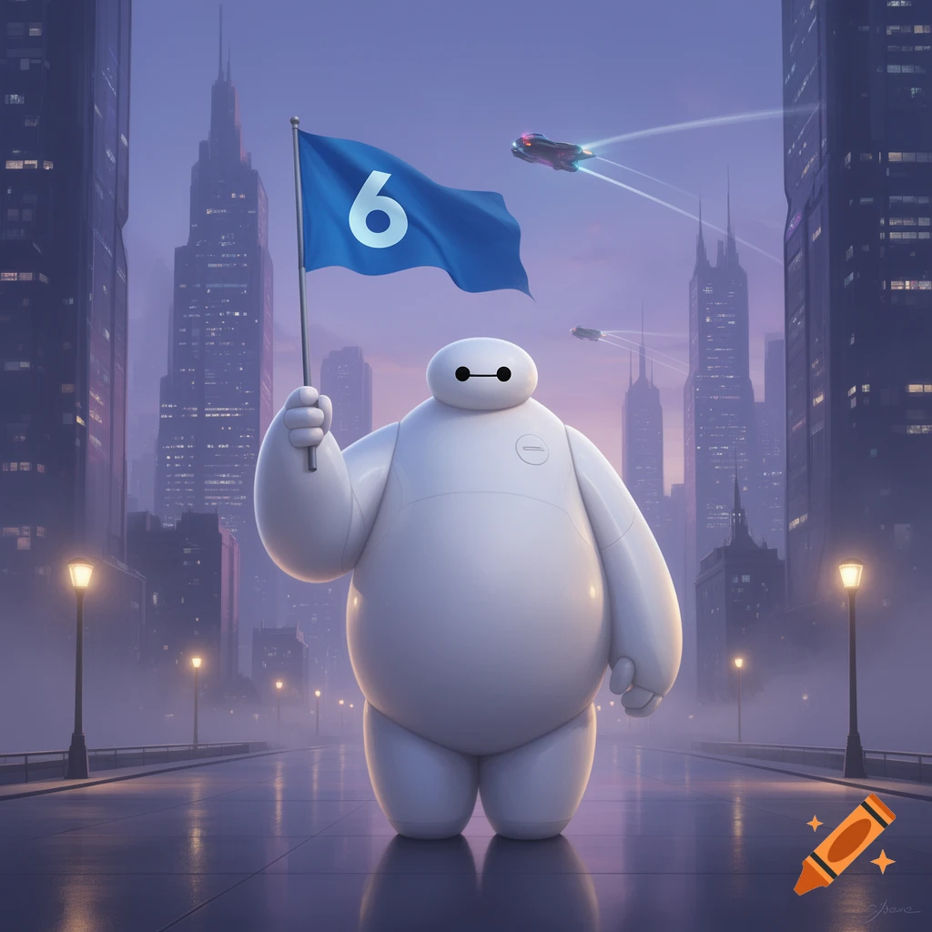 Baymax holding a blue flag with the number 6 in a futuristic city with flying vehicles.