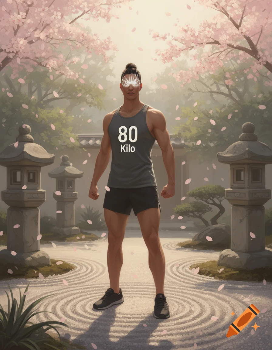 Muscular man with glowing eyes wearing a tank top with '80 Kilo' printed on it, standing in a cherry blossom Japanese garden.