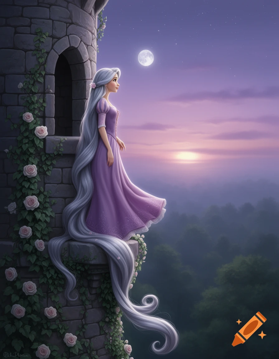 A fantasy woman with long silver hair in a purple dress on a tower balcony, gazing at the moon and sunset.