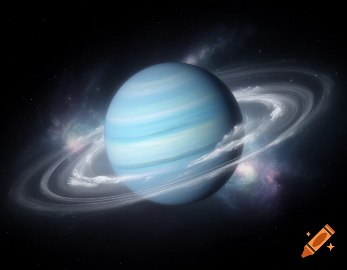 A blue and white striped planet with ethereal white rings is set against a dark starry sky with distant colorful nebulas.
