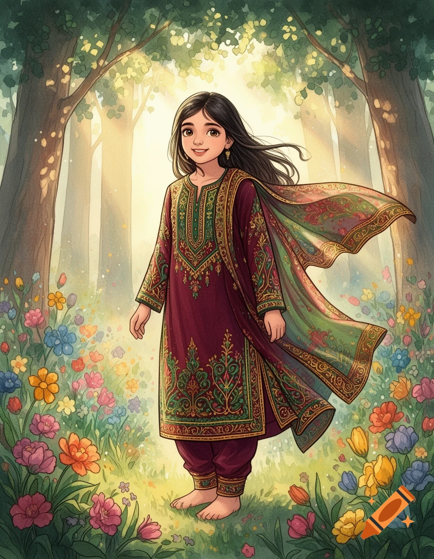 A smiling girl in an embroidered traditional dress stands barefoot among vibrant flowers in a sunlit forest, watercolor style.