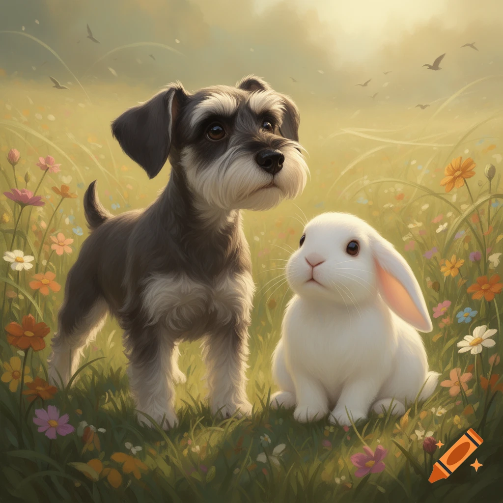 A cute mini schnauzer and a white lop-eared bunny sit together in a vibrant field of colorful wildflowers.