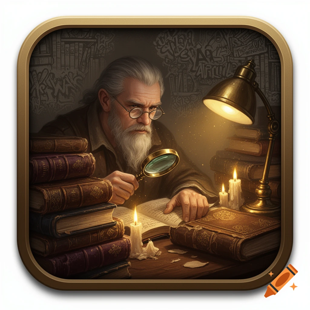A serious, grey-bearded scholar with glasses examines an old book with a magnifying glass, surrounded by stacks of books, candles, and a desk lamp.