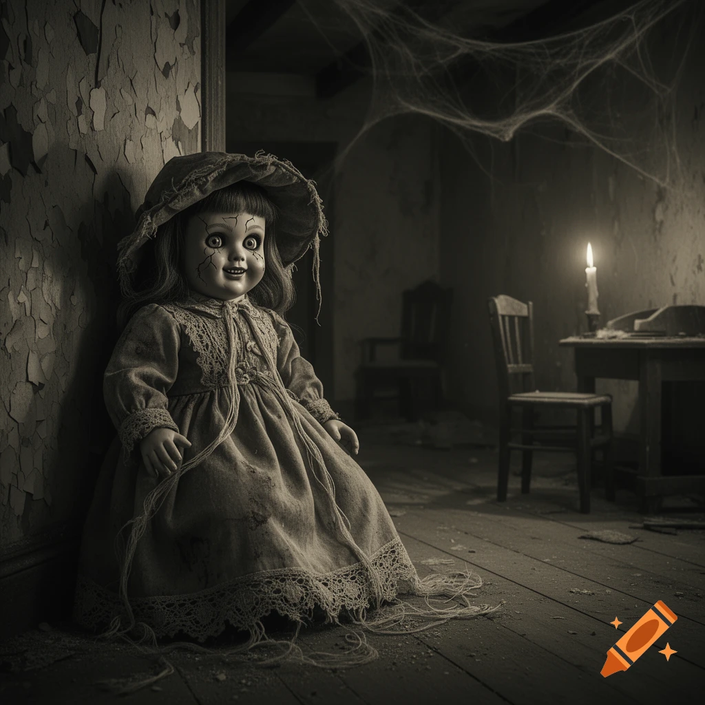 Creepy, cracked doll in a monochrome, abandoned room with cobwebs and a candle, leaning against a peeling wall.