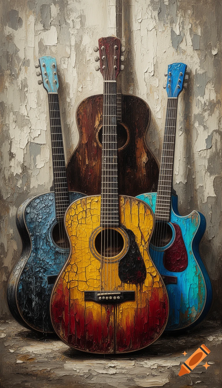 Textured impasto painting of four distressed acoustic guitars in yellow, red, blue, and brown, leaning against a weathered, peeling wall.