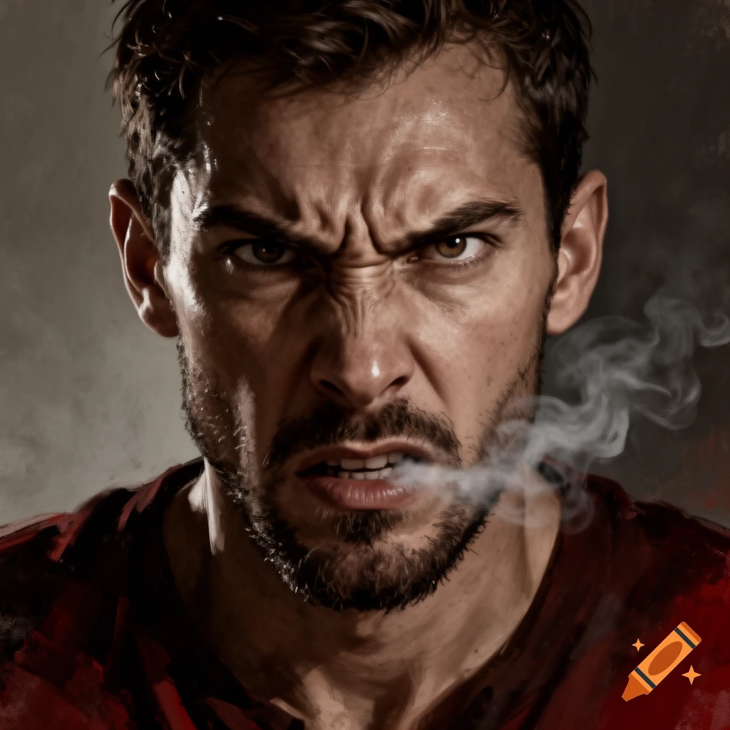 Close-up photorealistic portrait of an angry man with smoke exhaling from his mouth.