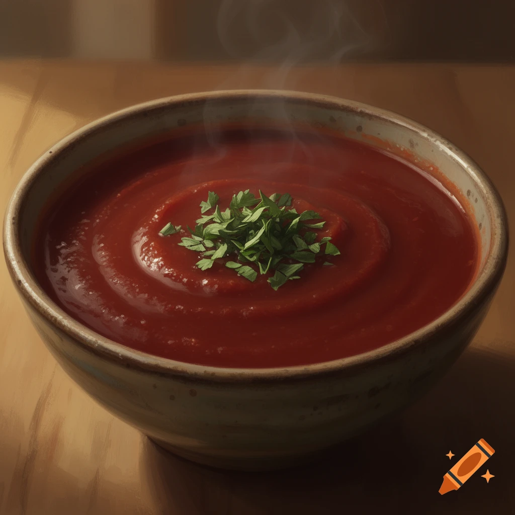 A close-up of a steaming bowl of dark tomato soup topped with fresh green herbs on a warm wooden table.