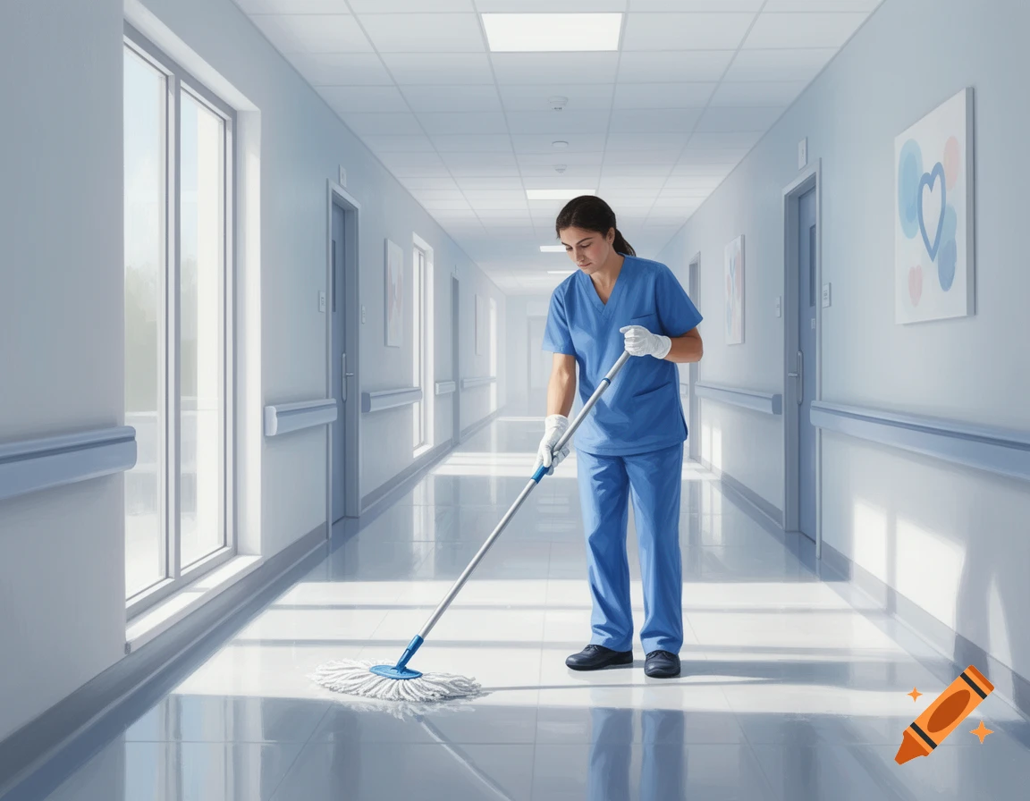 A person in blue scrubs and white gloves mops a long, brightly lit hospital hallway.