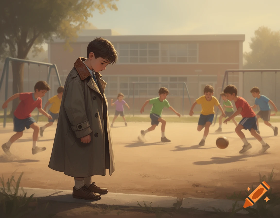 A sad boy in a greatcoat stands on a sidewalk while other children play kickball on a dusty school playground in the background.