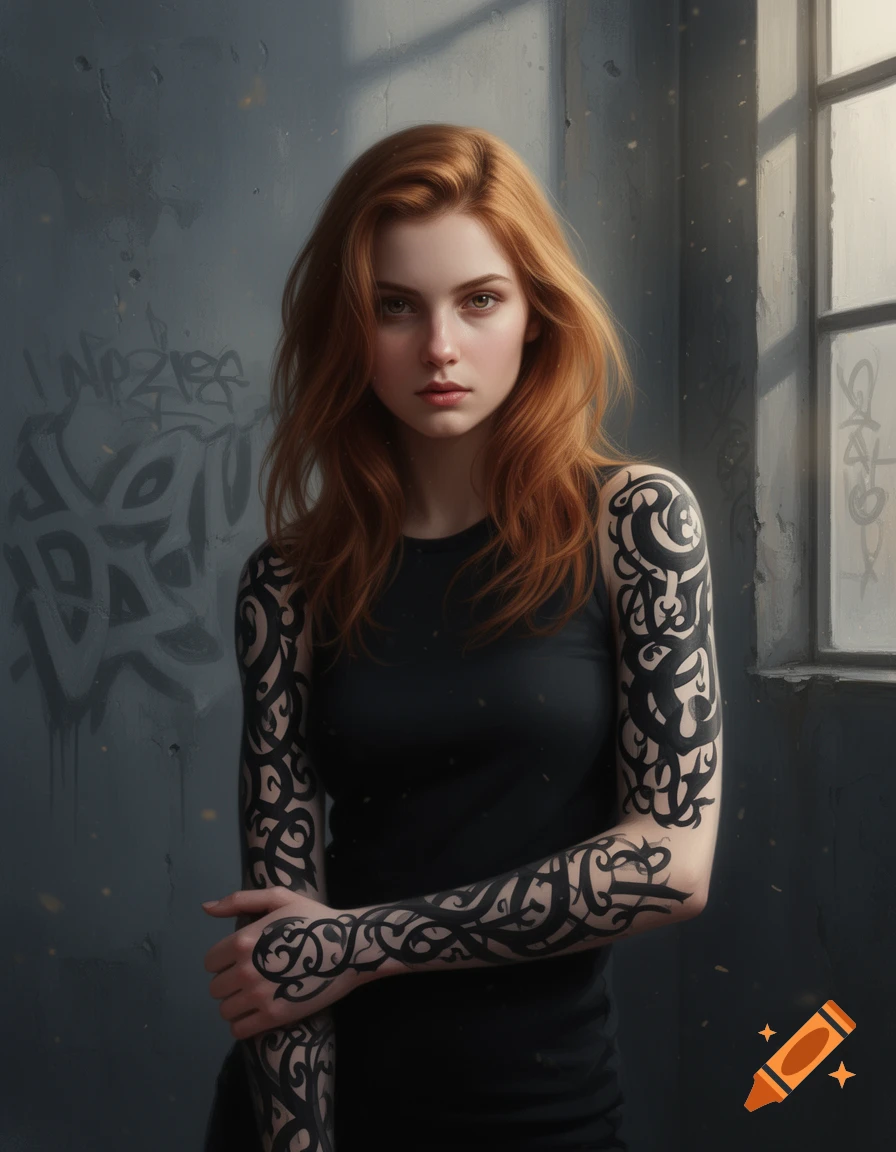 A photorealistic portrait of a young woman with long red hair and full sleeve black tribal tattoos, standing against a graffiti-covered wall next to a window.