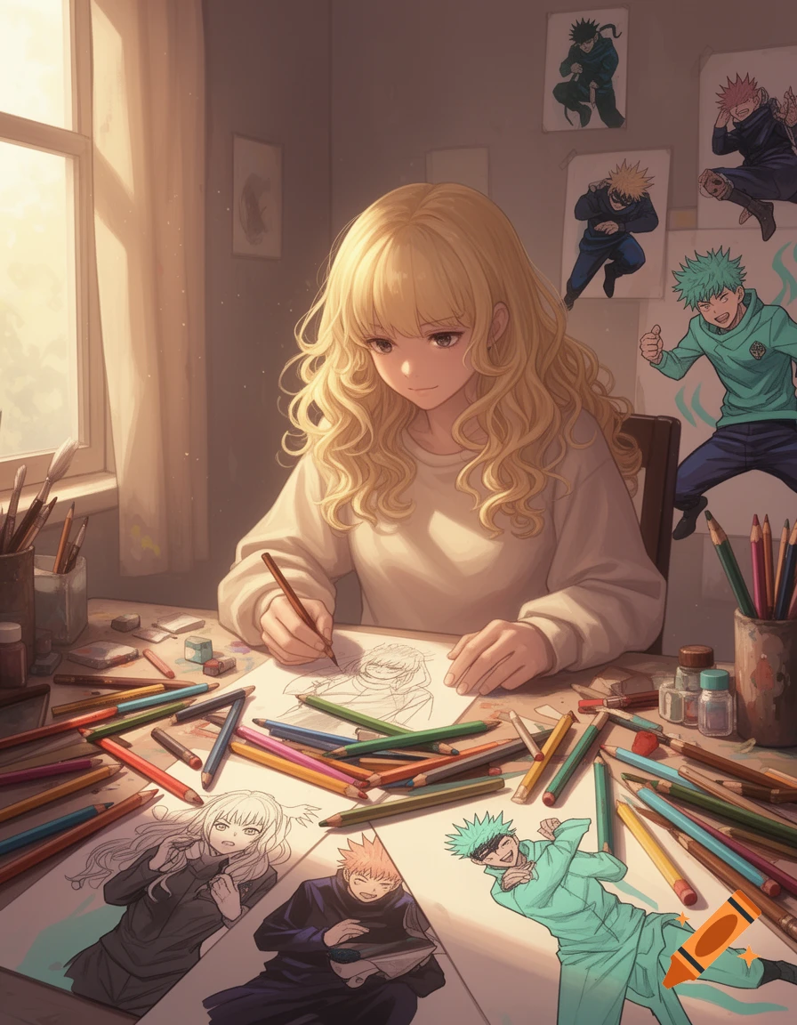 Anime girl with blonde curly hair drawing at a desk surrounded by colorful pencils and drawings of Jujutsu Kaisen characters.