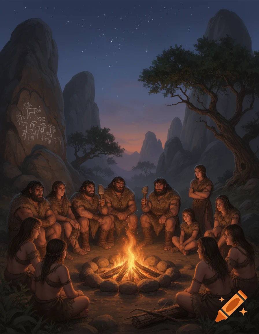 A prehistoric tribe of men, women, and children gather around a warm campfire under a starry night sky, with rock carvings on a cliff.