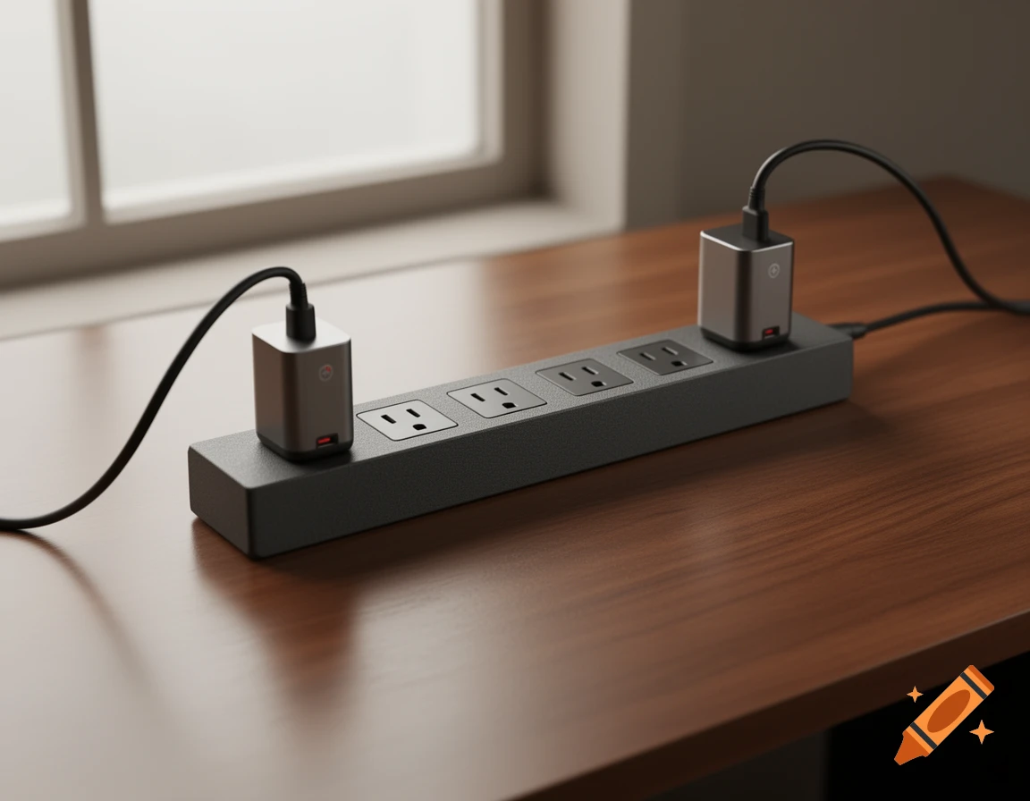 Photorealistic image of a dark grey power strip with five US outlets, with two grey power adapters plugged into the ends, on a wooden desk near a window.