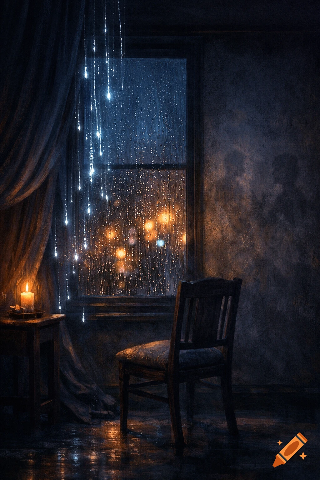 A dimly lit, moody room with a rain-streaked window showing blurred city lights, a wooden chair, and a lit candle.
