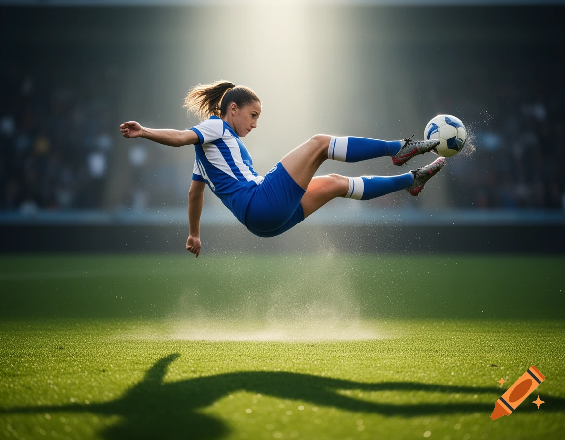 A photorealistic image of a female soccer player performing an acrobatic mid-air kick on a green field.