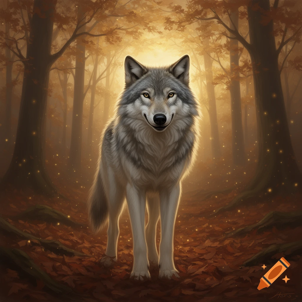 A gray wolf with a slight smile stands in a golden, glowing autumn ...