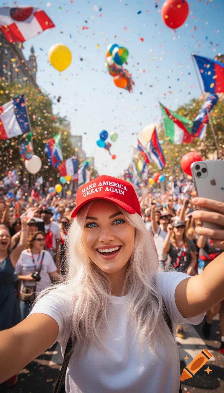 A blonde woman in a red "Make America Great Again" cap smiles, taking a selfie at a lively parade with flags and confetti.