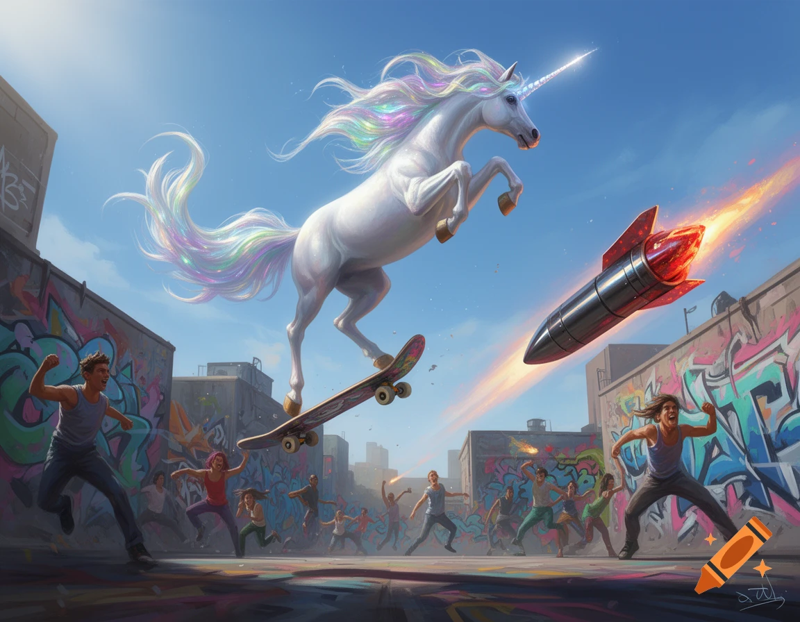 A majestic unicorn leaps on a skateboard over a graffiti-covered urban street, as a missile flies past and people cheer.