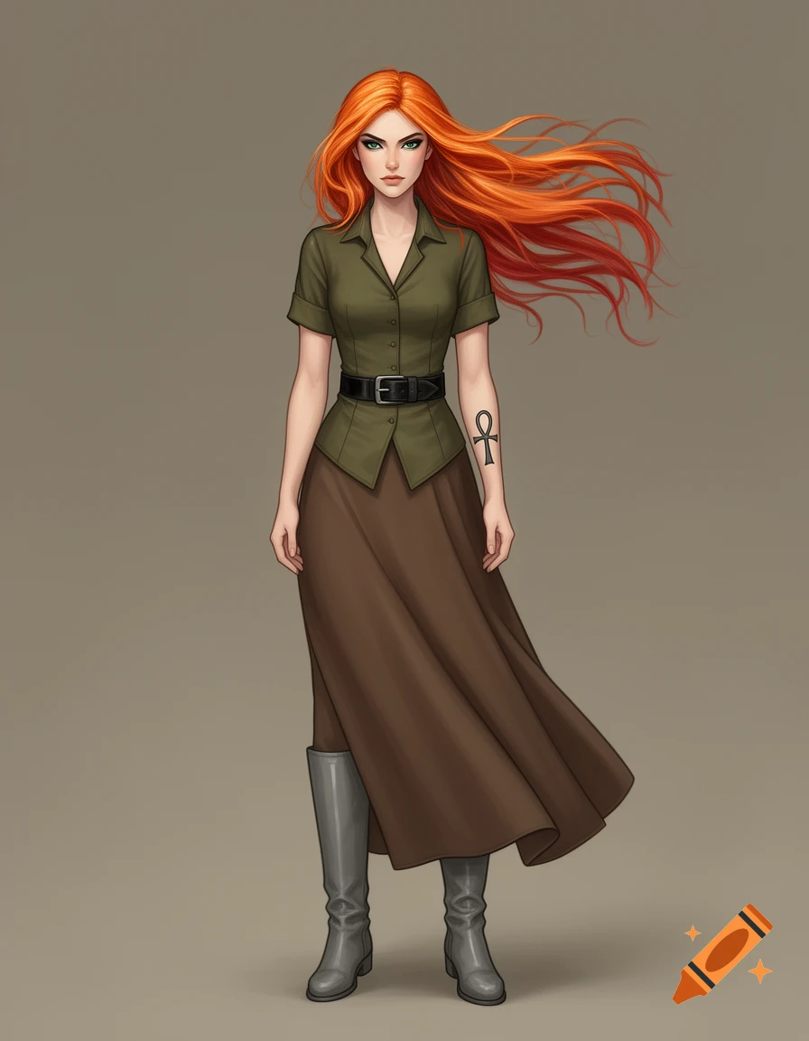A full-body illustration of a woman with long red hair, an olive shirt, brown skirt, grey boots, and an ankh tattoo.