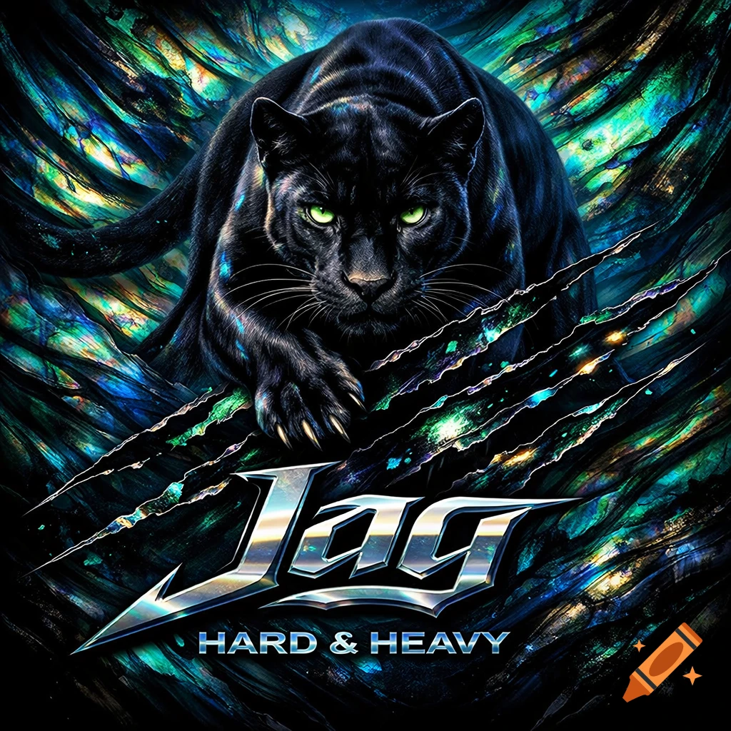 A vibrant illustration of a black panther with glowing green eyes, crouching over metal claw marks, with the text 'Jag' and 'HARD & HEAVY'.