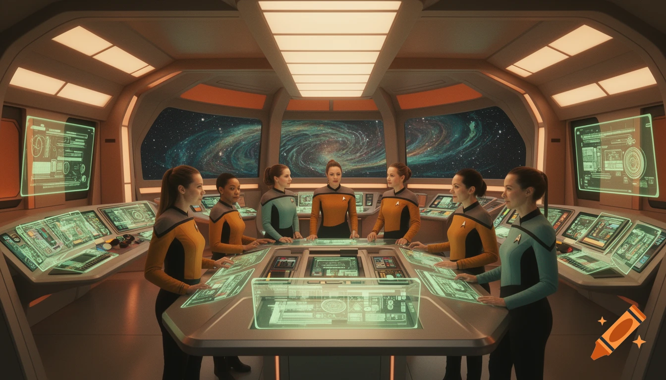 An all-female crew in orange and light green uniforms operates a futuristic spaceship bridge, with large screens displaying starfields and data.