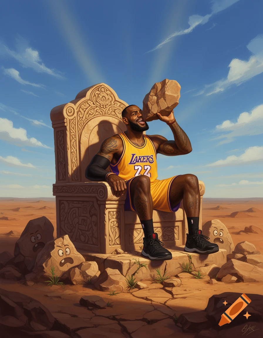 Stylized illustration of LeBron James on a stone throne in a desert, happily 'drinking' a rock, as other rocks with faces look surprised.