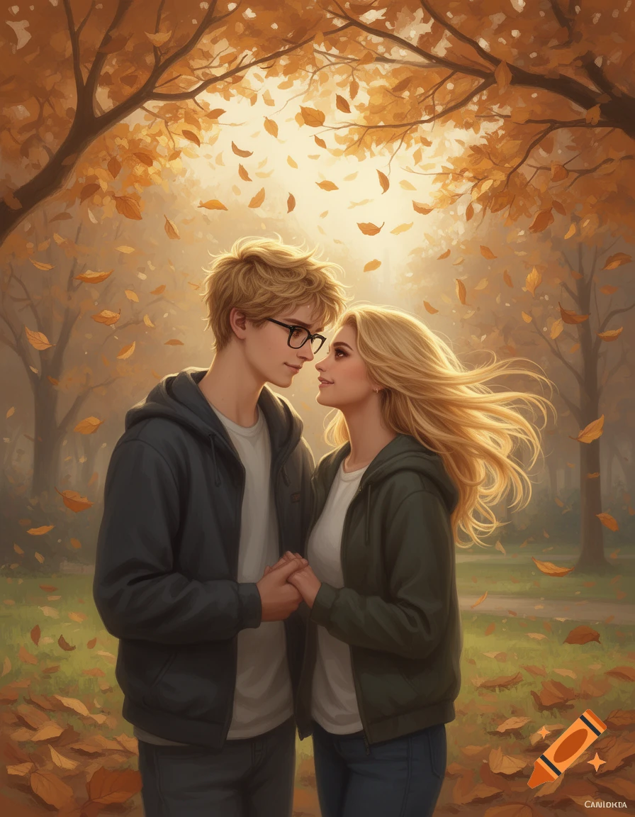 A blonde couple holding hands, looking at each other under an autumn tree with falling leaves, semirealistic digital art.
