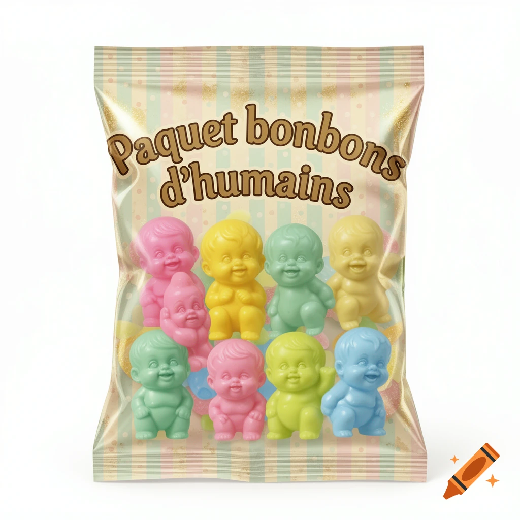 A colorful candy bag featuring stylized baby-shaped candies in various pastel colors, with French text on the front.