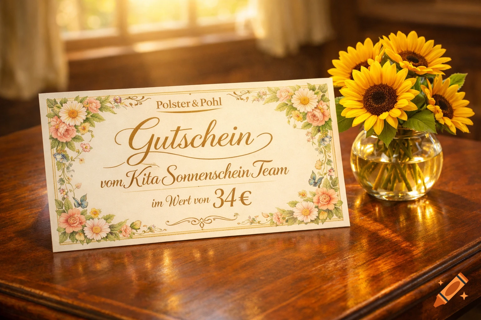 A gift certificate for 'Polster & Pohl' from the 'Kita Sonnenschein Team' for 34 Euros, adorned with flowers, next to a vase of sunflowers on a wooden table, in a warm, sunlit room.