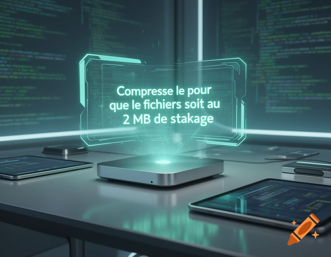A futuristic scene with a holographic display showing code and text, surrounded by sleek electronic devices on a metallic desk.