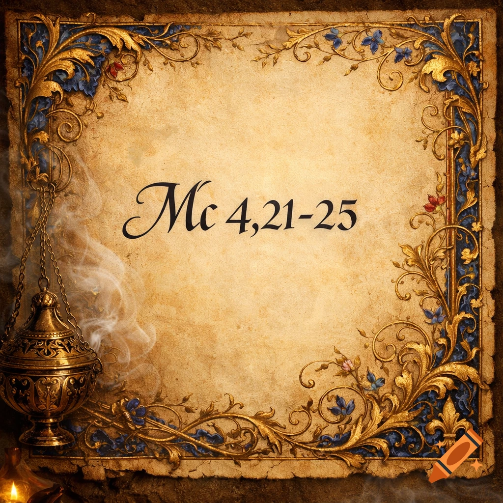 An antique parchment with ornate gold and blue floral border, featuring the text 'Mc 4,21-25' and an incense burner with smoke.