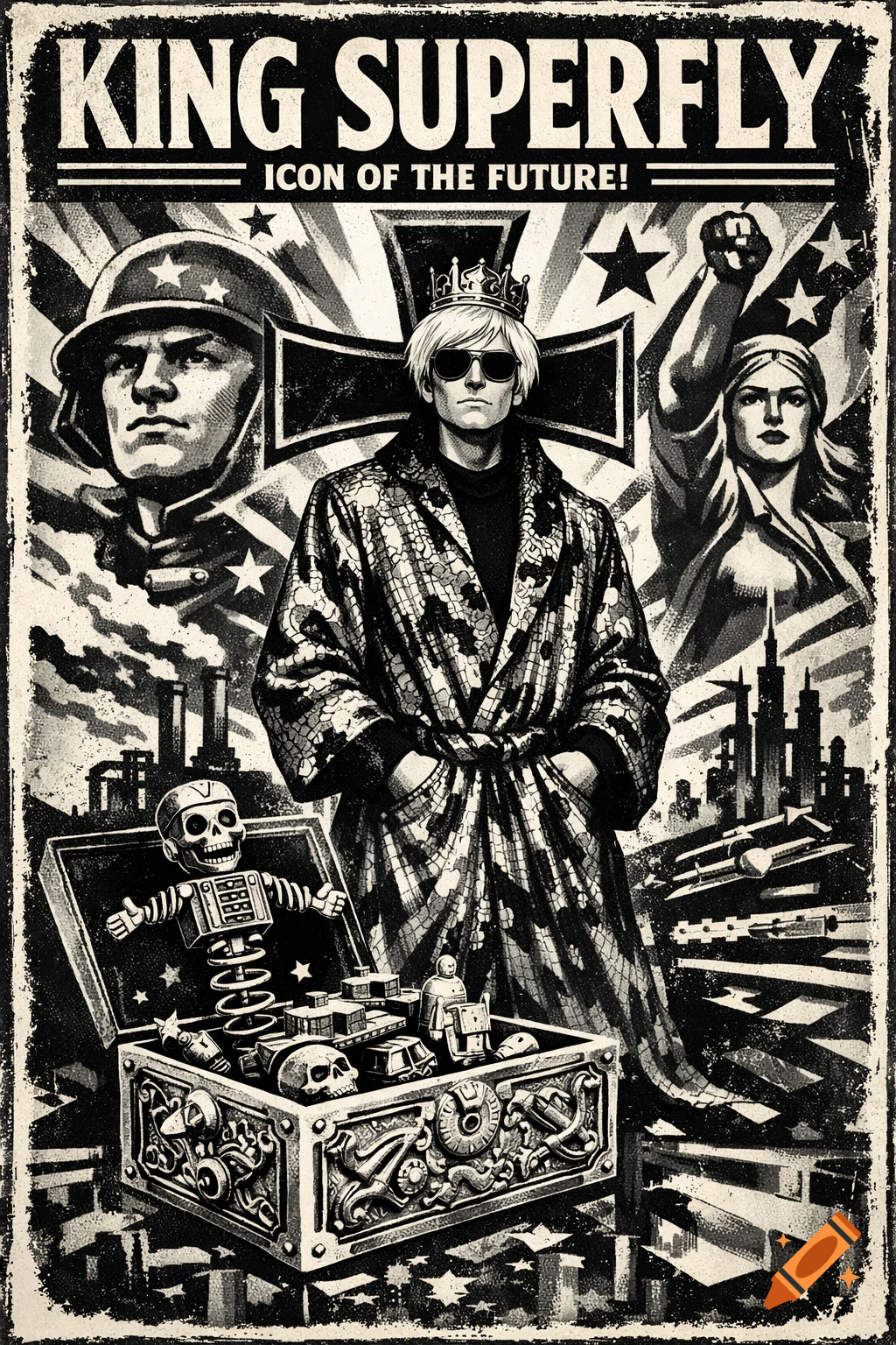 A distressed, graphic poster in black and off-white features Andy Warhol in a crown and sunglasses, with a soldier and a raised-fist woman against an Iron Cross background. Text reads "KING SUPERFLY ICON OF THE FUTURE!"
