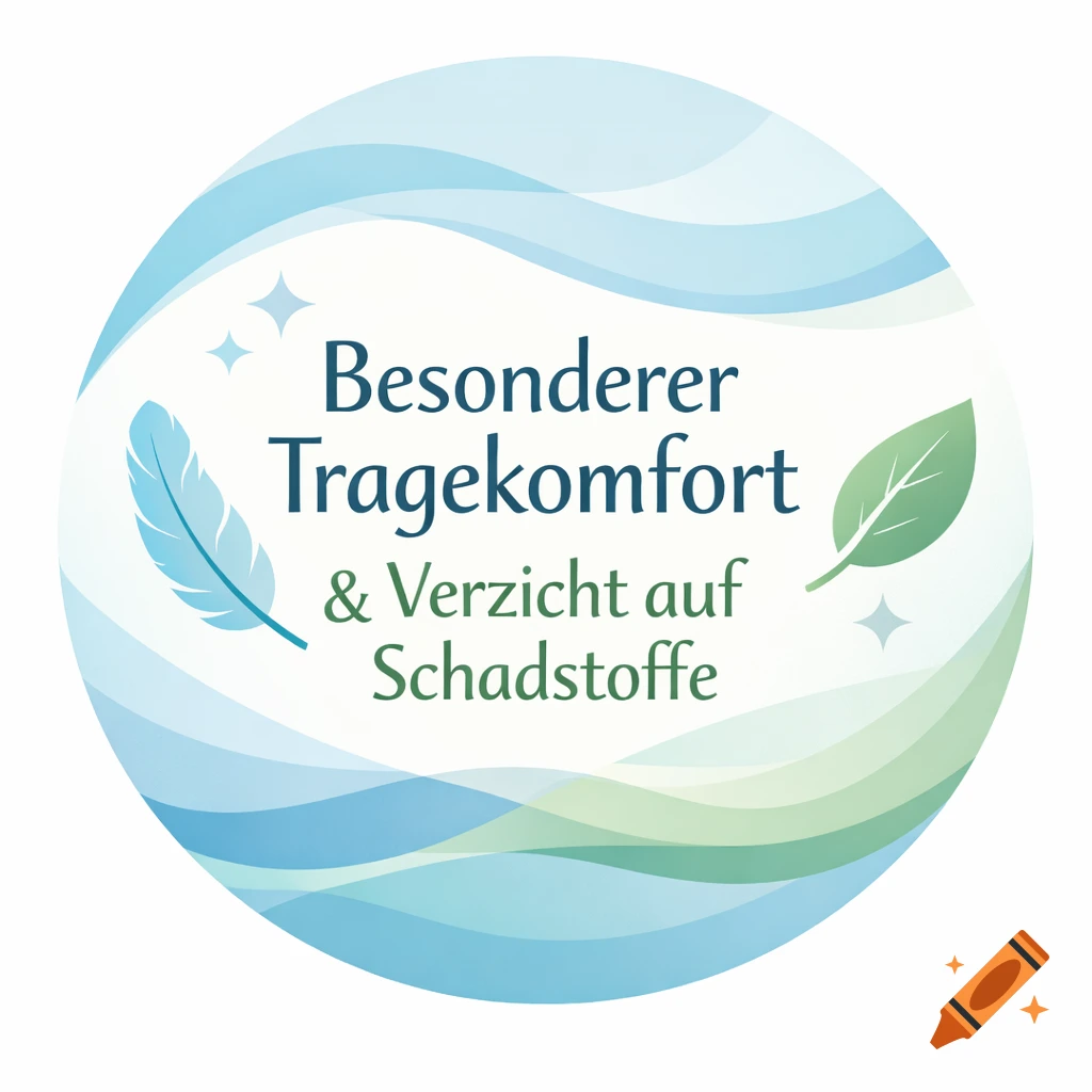 Circular graphic with blue and green waves, a feather, a leaf, and the German text 'Besonderer Tragekomfort & Verzicht auf Schadstoffe'.
