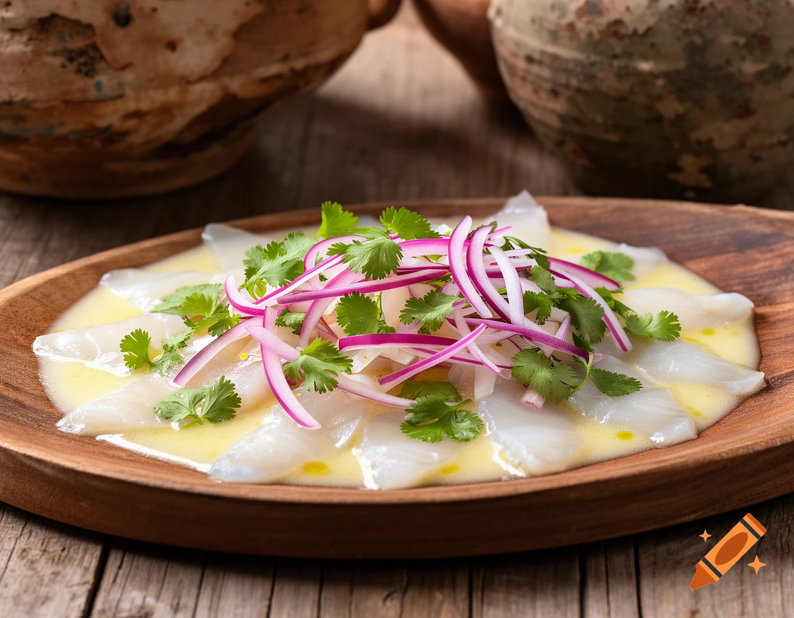 Rustic sea bass ceviche with red onion and cilantro in leche de tigre sauce on a wooden plate.