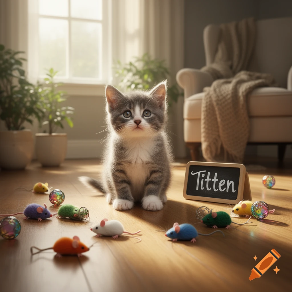 A fluffy grey and white kitten sits on a wooden floor, surrounded by colorful toy mice and a chalkboard in a sunny room.