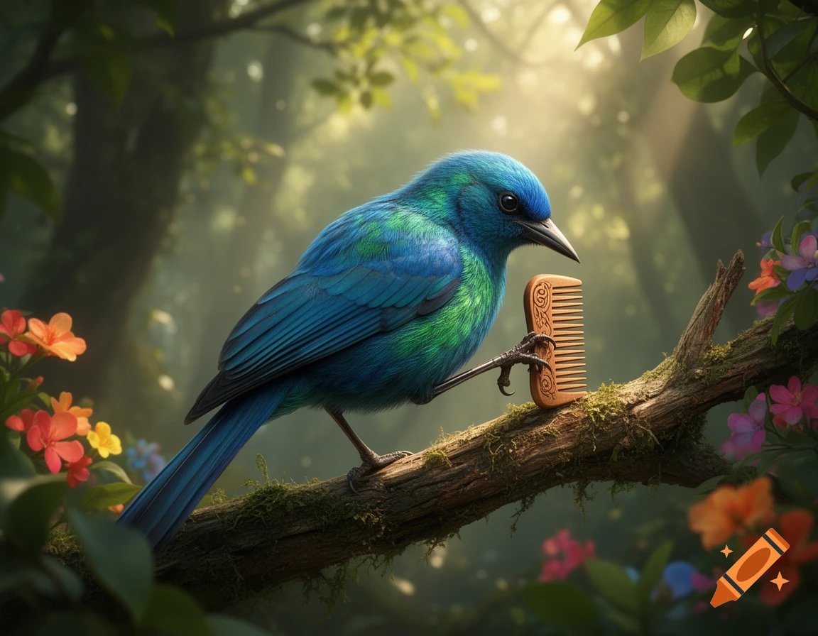 A vibrant blue and green bird holds a carved wooden comb with its foot, perched on a mossy branch in a sun-dappled forest.