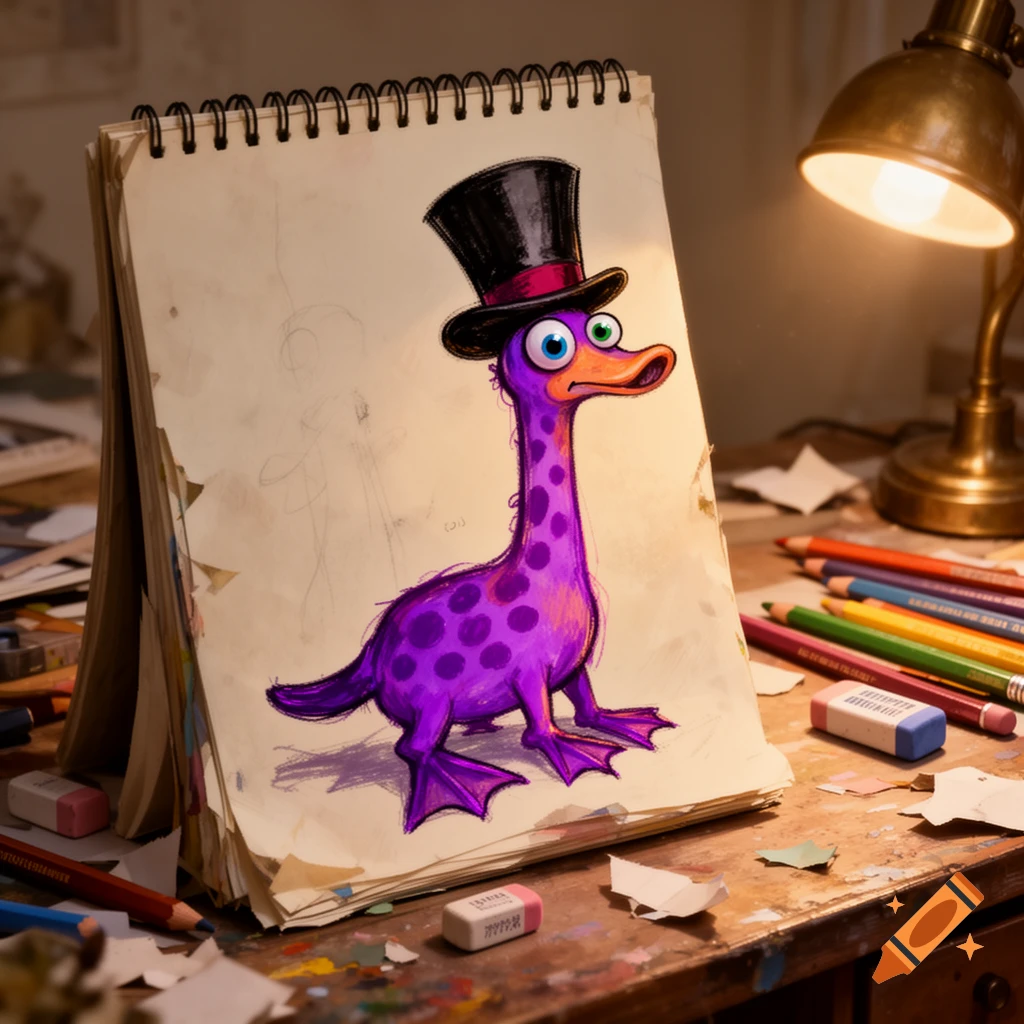 A stylized, purple, spotted, long-necked creature with webbed feet and a top hat, drawn on a sketchbook on a messy desk with art supplies.