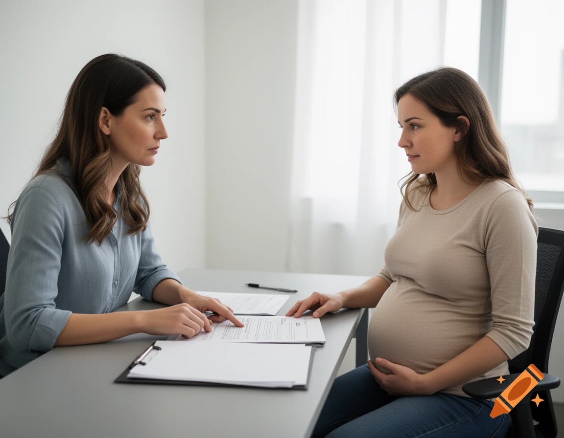 A consultant helps a pregnant woman review documents at a desk in a bright office. Photorealistic style.