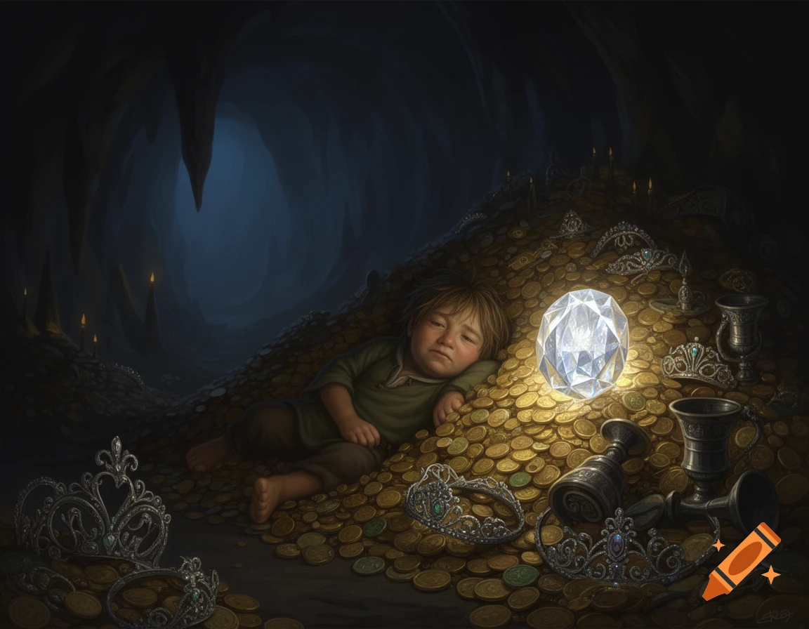 A small child sleeps soundly on a vast pile of glittering gold coins and ancient jewels inside a dark cave, illuminated by a glowing giant gem.