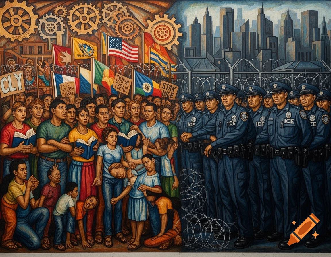 A colorful Diego Rivera-style mural depicts a crowd of civilians, some holding books and flags, facing a line of ICE agents.
