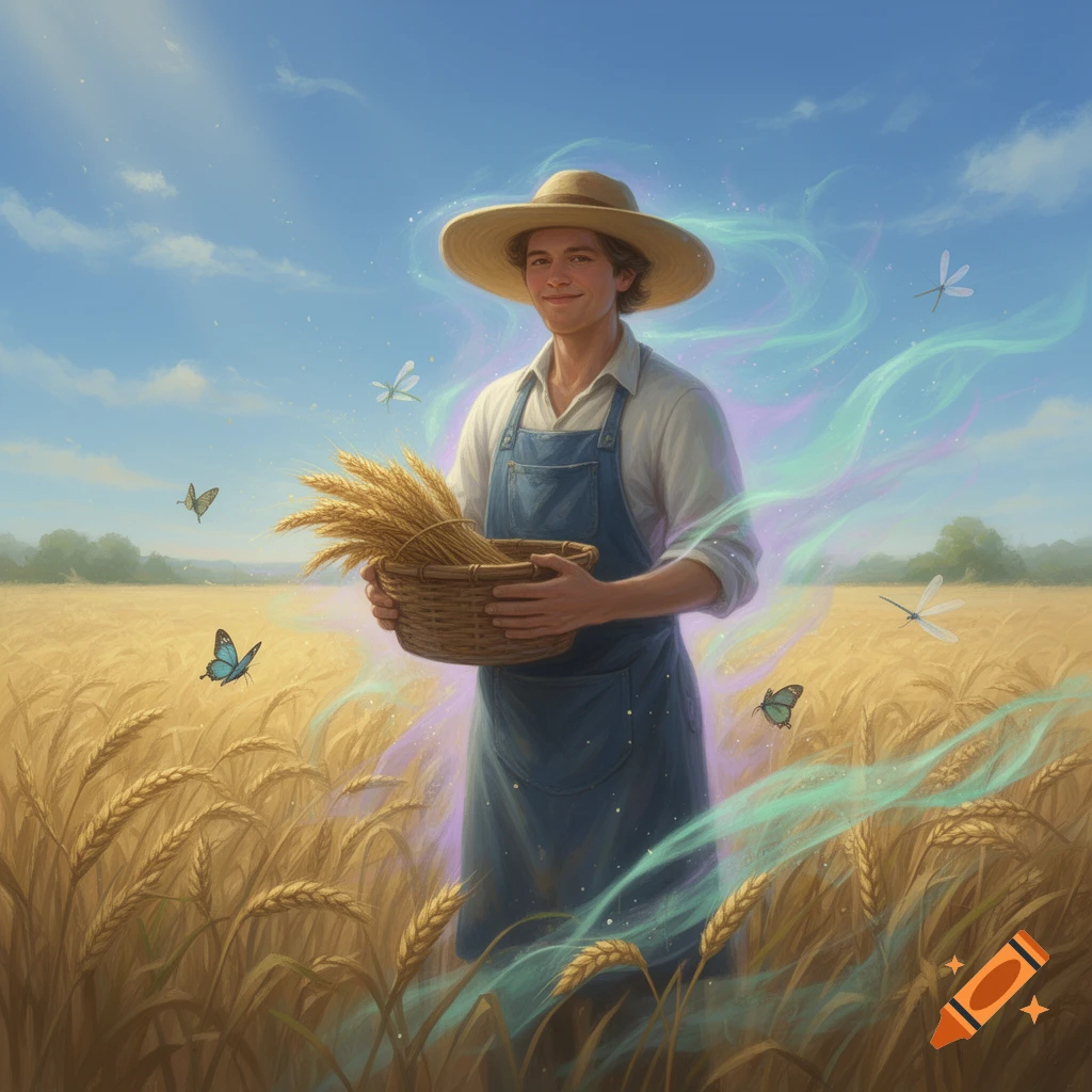 Smiling farmer in a hat and apron holds wheat in a golden field with a colorful aura, butterflies, and dragonflies.