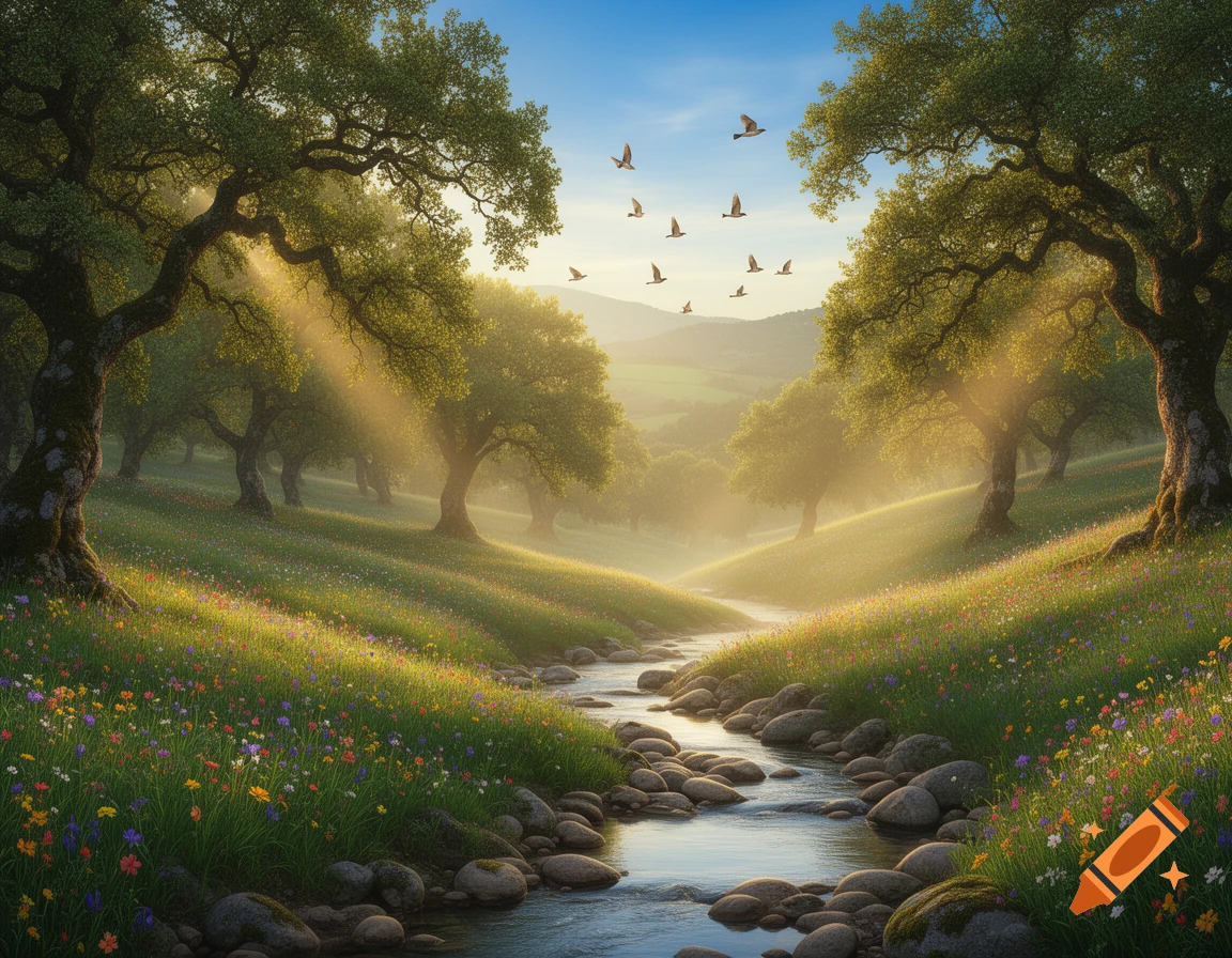 A beautiful, sunlit valley with a winding stream flowing between grassy hills covered in colorful wildflowers and ancient trees. Birds fly in the bright blue sky.