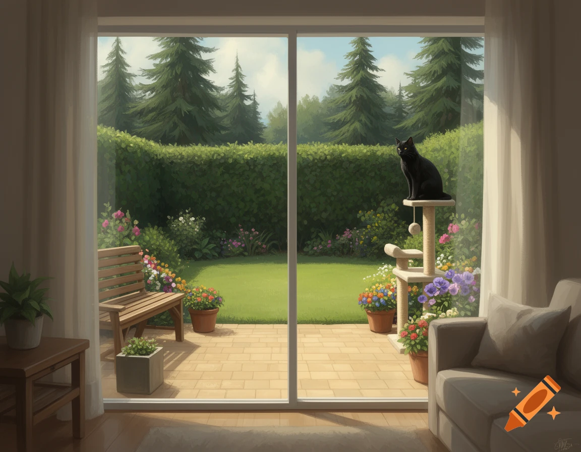 A black cat sits on a cat tree, looking through a large window at a lush green garden with a patio, wooden bench, and flowering plants.