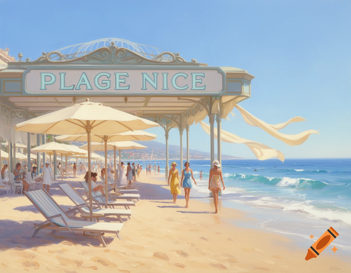 A vibrant painting of a sunny beach with people, beach umbrellas, and a large sign on a pavilion reading "PLAGE NICE" overlooking the ocean.