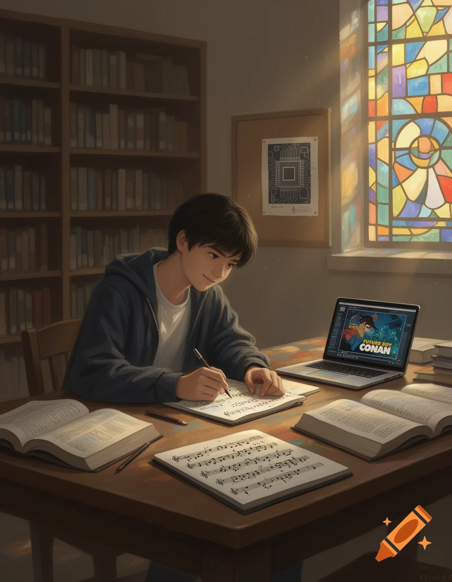 An anime-style college student with dark hair sits at a wooden desk, writing on sheet music. Books and a laptop displaying 'Future Boy Conan' are also on the desk. Sunlight streams through a stained glass window.